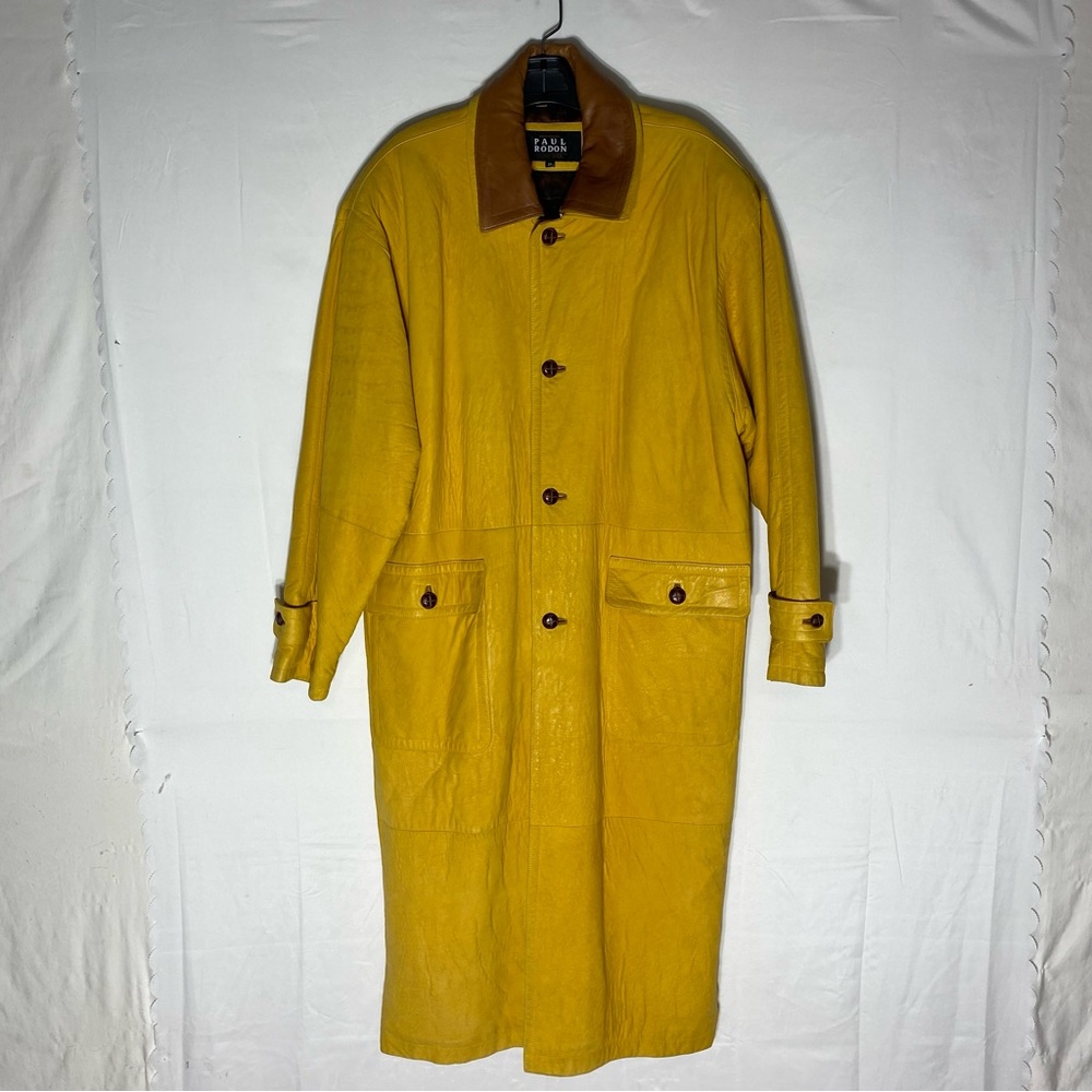 Vintage Paul Rodon Yellow Soft Leather Zip Front Trench Coat W Shoulder Pads M